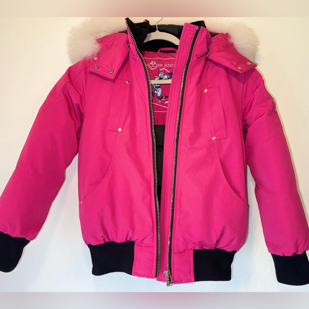 MOOSE KNUCKLES PINK GIRLS PUFFER JACKET, FAUX HOOD SZ M